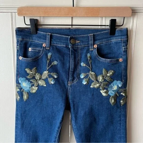 Gucci Floral-Embroidered Stretch Denim Jeans